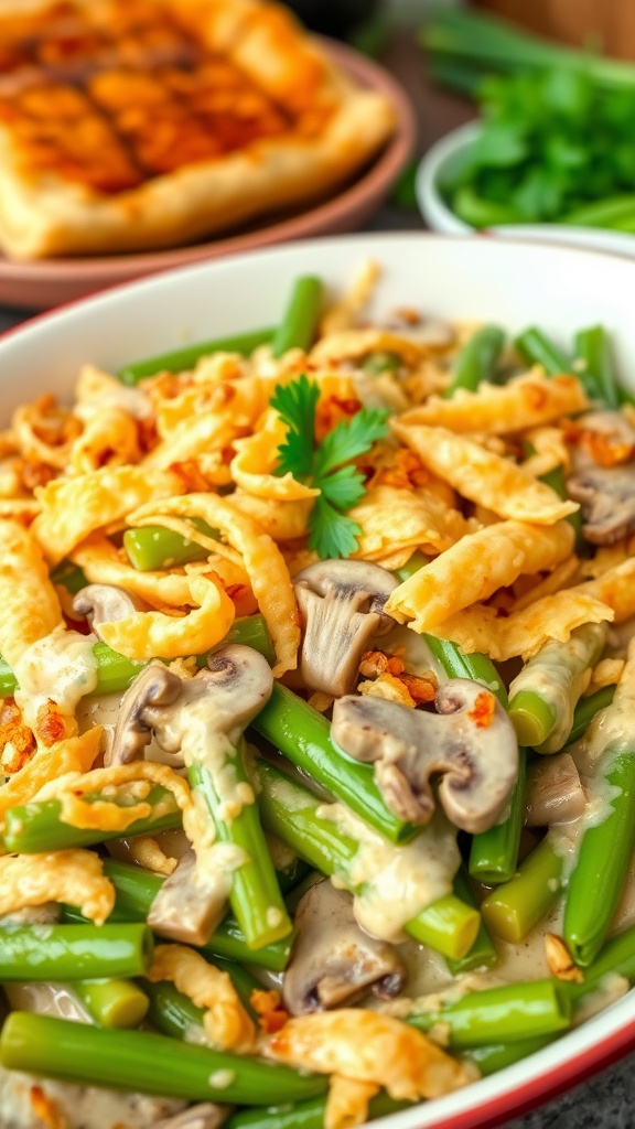 Vegan green bean casserole topped with crispy onions, served in a rustic dish with parsley garnish.